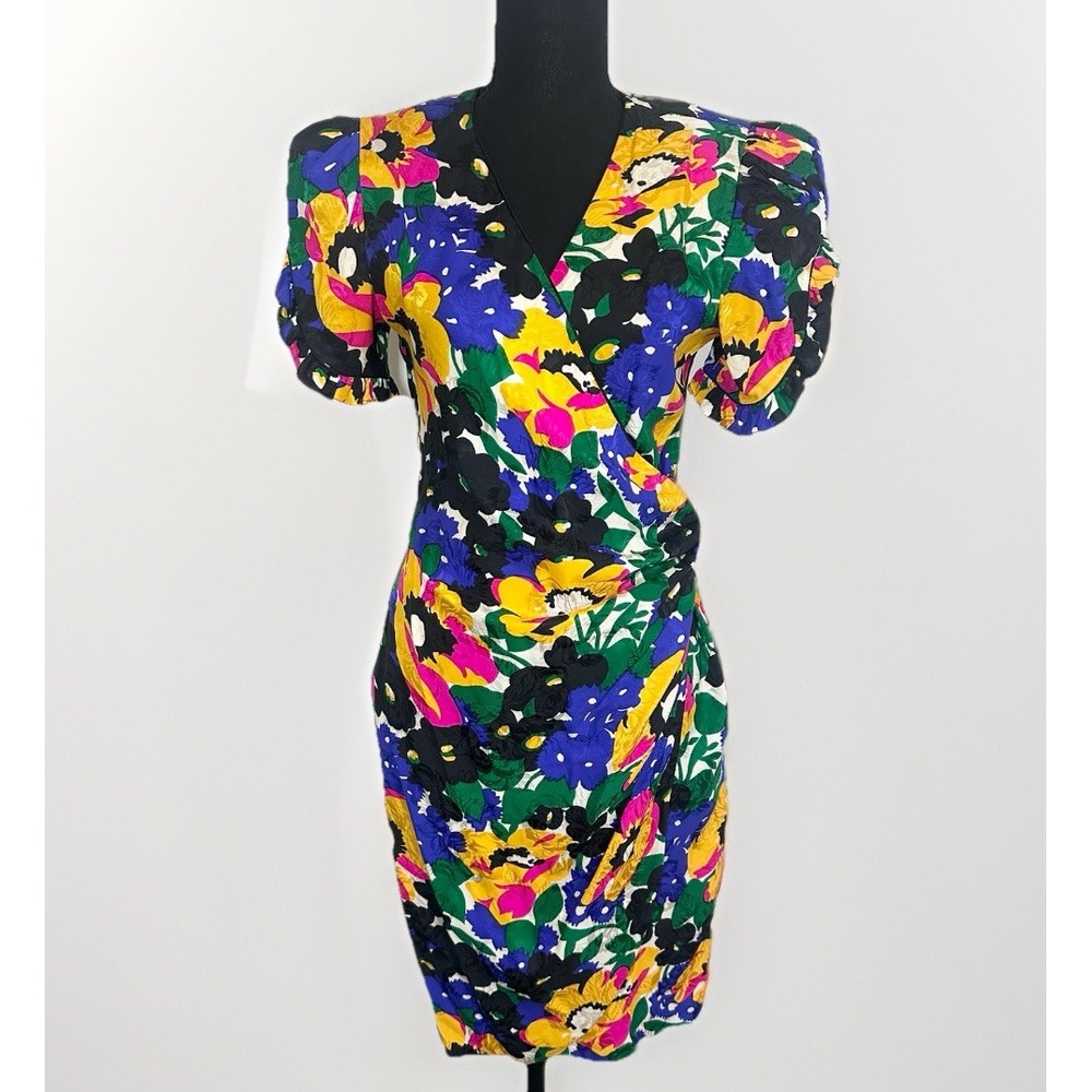 VTG *RARE* 1980's Flora Kung 100% Silk Colorful Floral Puff Sleeve Wrap Dress 6
